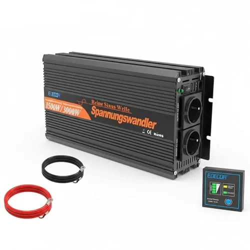 EDECOA Inversor 12v 220v Onda Pura Convertidor de Corriente 1500w con 2 USB Mando a Distancia Transformador 12v 230v y Pico momentaneo 3000w (3a generacion)