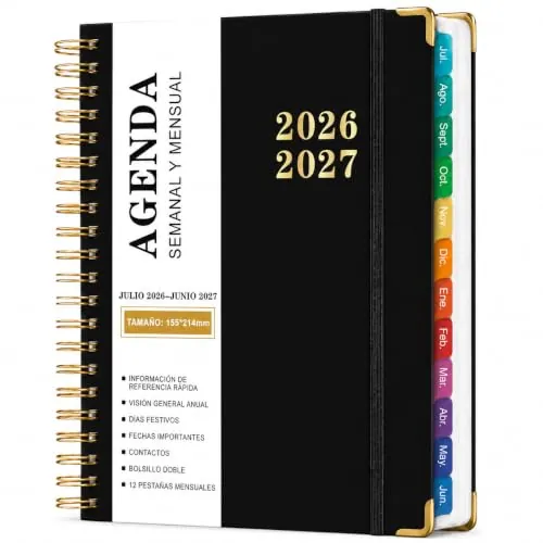 Agenda 2026 2027 A5 con Espiral (Julio 2026 - Junio 2027), Agenda Escolar Vista Semanal y Mensual con Pestañas de Colores, Planificador de Lunes a Domingo en Español (Negro)