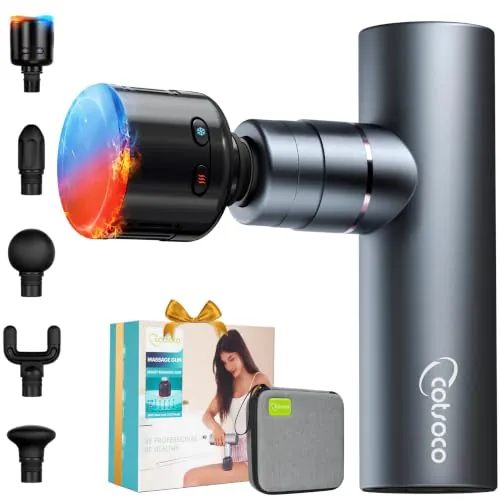 cotsoco Pistola de masaje, masajeador muscular profundo portátil con terapia de calor y frío, dispositivo de masaje de percusión eléctrico de metal completo, silencioso y eficaz para aliviar el dolor