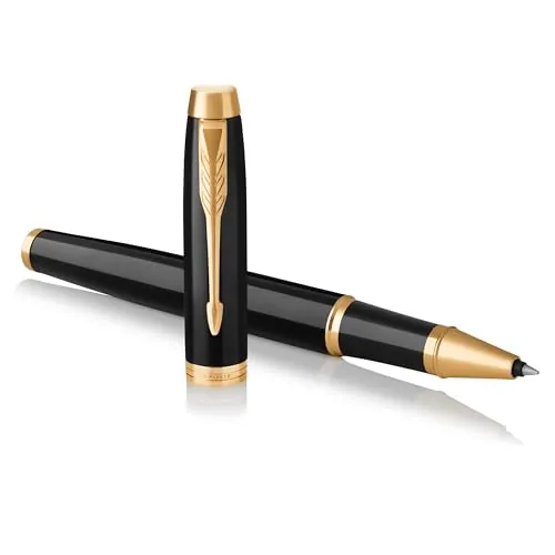 Parker IM Bolígrafo Roller | Punto fino | lacada en negro con adorno dorado | tinta negra | en estuche de regalo