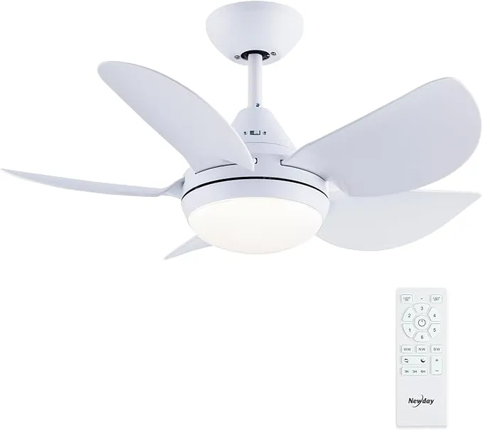 Newday ND-30-1086WT Ventilador de Techo Blanco, 76cm Ventilador Techo Pequeño con Luz y Control Remoto Silencioso, Dimmer sin pasos, 3 Temporizador, Motor DC Reversible, 5 Aspas, Modo de 7 Velocidade