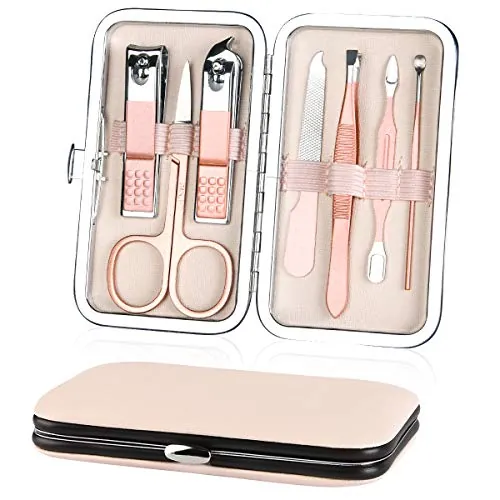 URAQT Manicura Pedicura Set, 7 Piezas Cortaúñas, Tijeras de Uñas con Herramientas Remover Cutícula, Acero Inoxidable, Profesional Cortaúñas para Viajes y hogar, con Caja de Cuero, Oro rosa