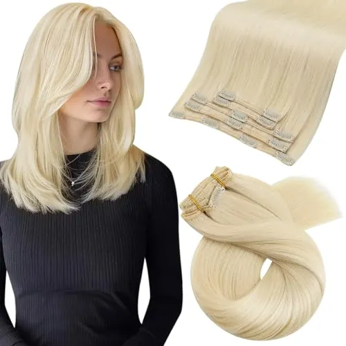 Moresoo Extensiones Pelo Natural Clip Humano Extensiones de Pelo Natural Clip Rubio Platino Remy Extensiones Rubias Cortas 35cm 5pcs 70g #60