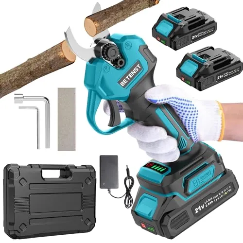 Tijeras de Podar Eléctricas Sin Escobillas, BETENST Tijeras de Podar Batería 21V con 2 Batería 2.0Ah, Hoja SK5, Pantalla LCD Tijeras de Jardín Profesionales Para Huertos, Jardinería y Granjas