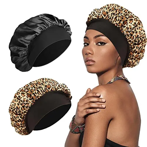 SWEET VIEW Gorro de Seda, Suave y Cómodo Gorro de Satén para Dormir, Negro, Estampado de Leopardo