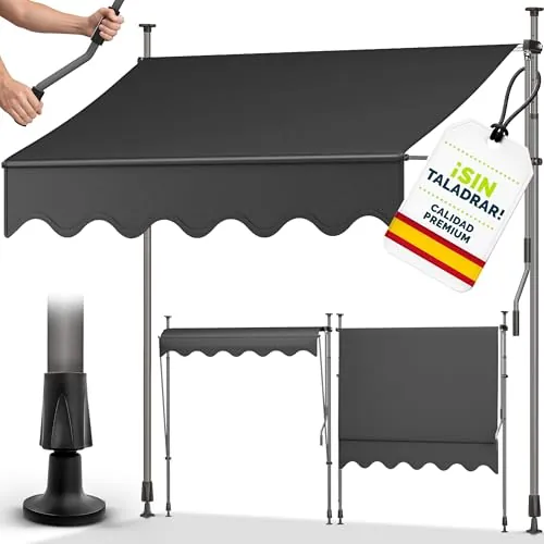 tillvex Toldo Manual portátil de balcón Patio | Toldo Ajustable con manivela para balcón | Parasol Resistente a UVA y Regulable en Altura | Protección Solar estanca a Agua (250cm, Antracita)