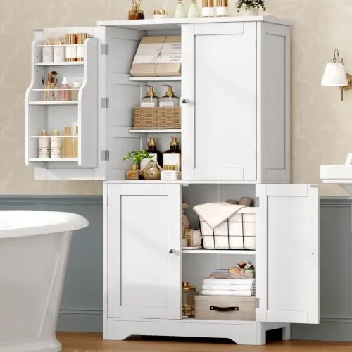 SLINEMO Armario de Baño, Mueble de Baño de 4 Puertas con Estantes Ajustables y Estantes en Puertas Superiores, Mueble Multiusos para Baño, Cocina y Salón, Blanco, 130x60x30 cm