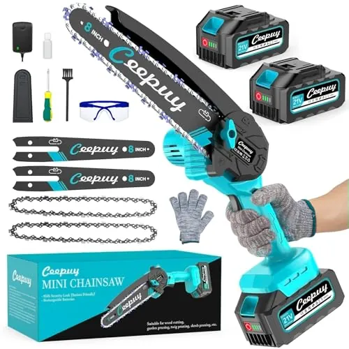 CEEPUY Mini Motosierra Eléctrica Inalámbrica 8 Pulgadas, Mini Sierra de Cadena con 2 Baterías 4000mAh, Inyector de Aceite Automático, Cadena de Repuesto para Poda de Árboles en Jardín