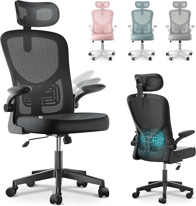 JUPPLIES Silla Escritorio Ergonómica - Silla Oficina Ajustable y Reclinable con Soporte Lumbar, Reposacabezas Ajustable, Reposabrazos Plegables, Malla Transpirable, Ruedas 360°, Soporta 120 kg
