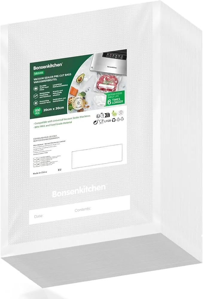 Bonsenkitchen - Bolsas de vacío para alimentos (100 bolsas, 20x30cm, para máquina al vacío, bolsas de PVC para hacer el vacío de aire con gofres para la conservación de alimentos y la cocción, VB3205
