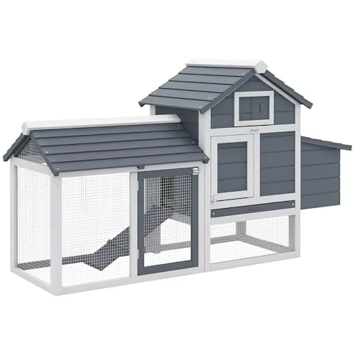 PawHut Gallinero de Madera para Exterior XXL Gallinero con 2 Corrales de Alambre Caja Nido con Techo Abrible Bandeja Extraíble de Metal Galvanizado y Rampa 151,5x54x87 cm Gris