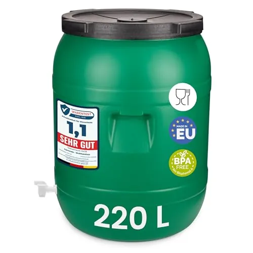 Garronda 220 litros con Grifo Bidón de plástico, Barril alimentario en HDPE y sin BPA, depósito de Agua, Barril Universal de Boca Ancha, tonel de jardín, Contenedores de Almacenamiento GD-0142, Verde