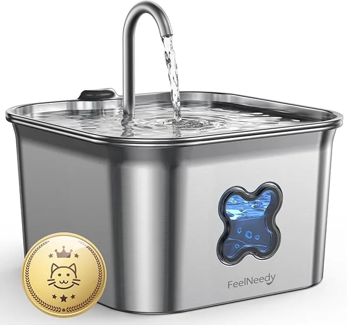 FEELNEEDY Fuente para Gatos Acero Inoxidable 2,8L, Bebedero Gatos con Cable y Filtración de Cuatro Capas, Fácil de Limpiar, Apta para Lavavajillas