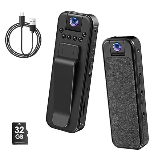 Bodycam - Cámara corporal de 1080P con tarjeta TF de 32 GB y objetivo giratorio de 180°, grabación de audio y vídeo, cámara de bolsillo portátil con visión nocturna para viajes y actividades al aire