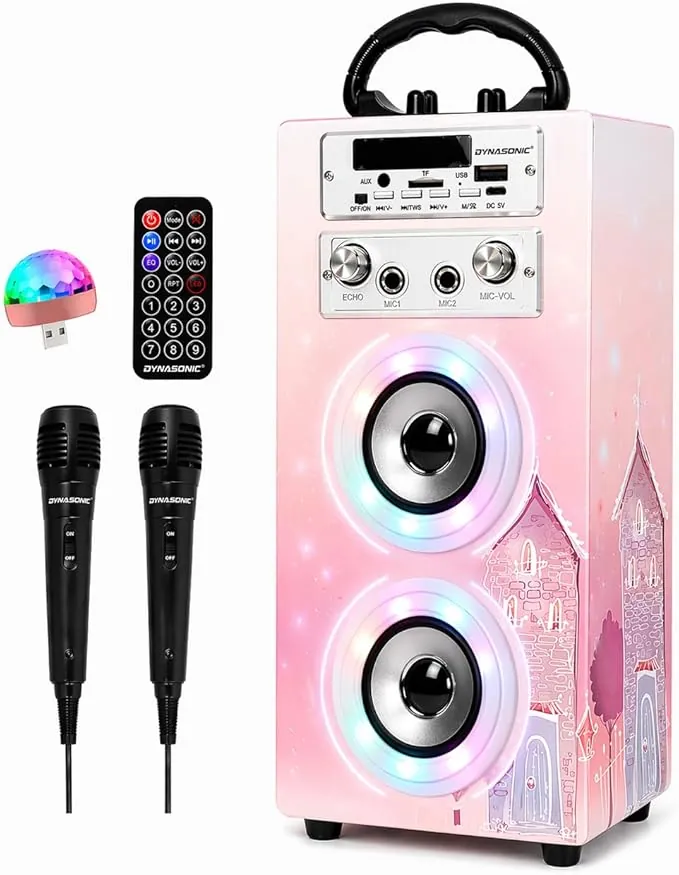 Dynasonic Karaoke Altavoz Bluetooth Portatil, 2 Micrófonos, USB/SD/AUX, Luces LED, Batería Recargable. Regalo para niños, comunión, cumpleaños y Fiestas