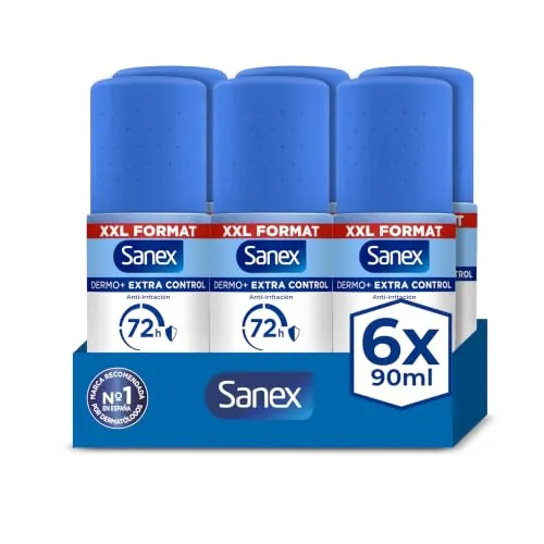 Sanex Dermo+ Extra Control Desodorante Antitranspirante Roll-On 72 Horas 90ml – protección efectiva contra el sudor y el mal olor – dermatológicamente testado– contiene 0% alcohol*