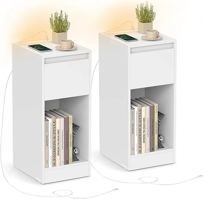VASAGLE Mesitas de Noche Delgadas con estación de Carga y luz LED, Juego de 2 mesas Laterales estrechas, Puertos USB, cajón y Compartimento Abierto, para Dormitorio, Sala de Estar, Color Blanco Nube