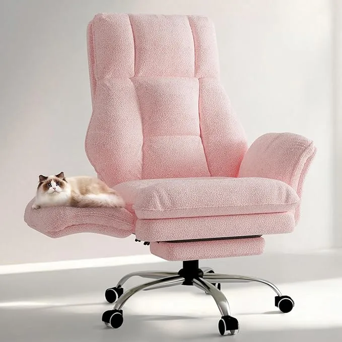 HOMRELEXA Silla de Oficina Ejecutiva Ergonómica Grande y Alta, con Reposapiés, Reposabrazos Abatibles y Respaldo Alto, Felpa de Pelo Rizado - Rosa