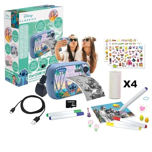 Lexibook, Disney Stitch, StarCAM Print, Pack de cámara con Impresora instantánea, función de Foto y vídeo, Tarjeta SD de 32 GB y Kit de personalización de Fotos incluidos, Azul, DJ150D