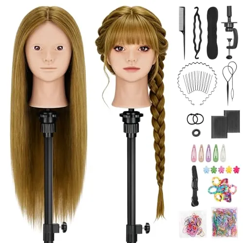 TwoWin 26 inch Cabeza Peluquería, 80% Cabello Humano, 66 cm Cabeza Maniquí | Cabeza para Peinar para Trenzado, Cortes y Peinados, Incluye Abrazadera y Kit de Accesorios para Trenzas (Marrón dorado)