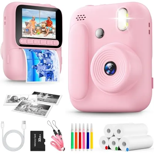 Cámara de Fotos Instantáneas para Niños,Camara Instantánea de 1080P con 5 Rollos de Papel de Impresión,Tarjeta de 32GB y Bolígrafos de Colores,Cámara Digital Portátil para Niños de 3-14 Años (Rosa)