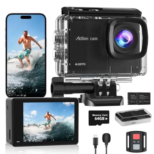 Cámara Deportiva 4K60FPS con Tarjeta 64GB,131FT Cámara Subacuática con 8X Zoom,48MP HD WiFi Videocámara 170° EIS Cámara de Acción,Camara Acuatica Sumergible con Mando a Distancia,2 * 1350mAh Baterías