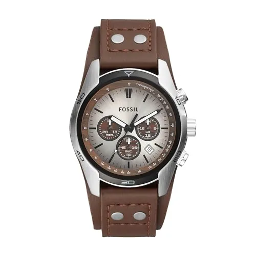 Fossil Reloj para Hombre Coachman, Movimiento cronógrafo de Cuarzo, Caja de Acero Inoxidable Plateado de 45mm con Correa de Piel auténtica, CH2565