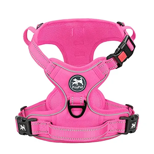 PoyPet Arnés para perros sin tirones, arnés reflectante para perros medianos sin estrangulamiento, chaleco acolchado suave y ajustable para mascotas con asa de control fácil (Adorno Rosa a Juego, M)