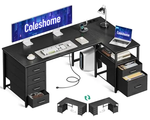 Coleshome Escritorio Esquinero con Cajones de Tela, 140x80cm, Negro