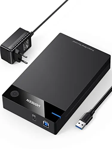 UGREEN Carcasa Disco Duro SATA SSD 3.5" 20TB, Caja SSD USB 3.0 con UASP Comaptible con PC, Xbox X/S, PS4, con Cable y Adaptador de Corriente 12V 2A