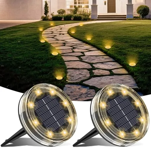 LOTMOS 2 Paquetes Luces Solares LED Exterior Jardin Suelo, 8 LED Impermeable Luz Solar Exterior Jardín, Lamparas Solares Suelo Camino, Terraza, Patio, Césped, Blanco Cálido