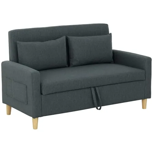 HOMCOM Sofá de 2 Plazas con Espacio Almacenamiento 135x71x84 cm Gris Oscuro | Tapizado en Lino Sintético, Sofá Moderno, 2 Almohadas, Bolsillo, Patas de Madera, Carga 240 kg, para Dormitorio, Salón