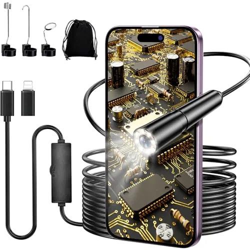 Ruycllo Endoscopio Cámara de Inspección 1920P con Luz - Cámara Endoscópica para Móvil Android & iOS, Cable Semi-rígido 5M, IP67 Impermeable, 6 LED Ajustables - Borescopio para Coche, Casa, Tuberías