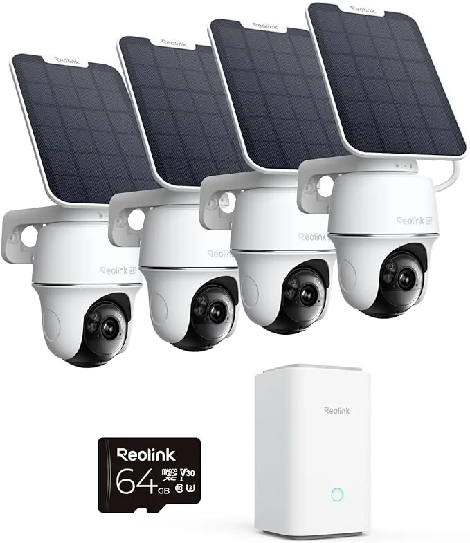 Reolink 4K 360° PT Camara Vigilancia WiFi Outdoor Solar con Seguimiento Automático, Gestión Central y Almacenamiento, Sin Cuotas Mensuales por Almacenamiento Local, Set de 4 Argus PT Ultra + SP