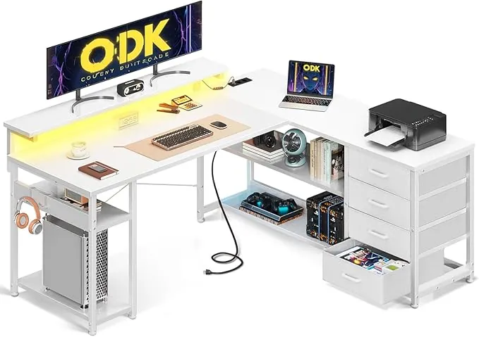 ODK Escritorio con Cajones, 135×110 cm Escritorio Esquinero Reversible con 2 Enchufes y 2 Puertos USB, Mesa de Oficina en Forma de L con LED para Oficina en Casa, Blanco Puro