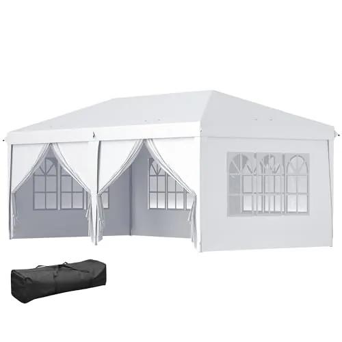 Outsunny Carpa Plegable 6x3x2,7 m Cenador de Jardín Gazebo Plegable con 4 Paneles 4 Ventanas 2 Puertas con Cremallera 1 Bolsa Anti-UV Impermeable para Exterior Terraza Patio Playa Blanco