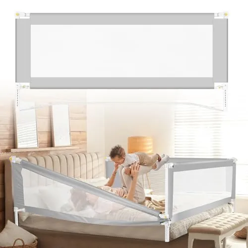 Tubiaz 200CM Barrera Seguridad Niños Cama, Altura Regulable 68-95cm, Barrera Cama niños con protección contra caídas, Barandilla Cama niño Plegable, Fácil de Montar, Gris