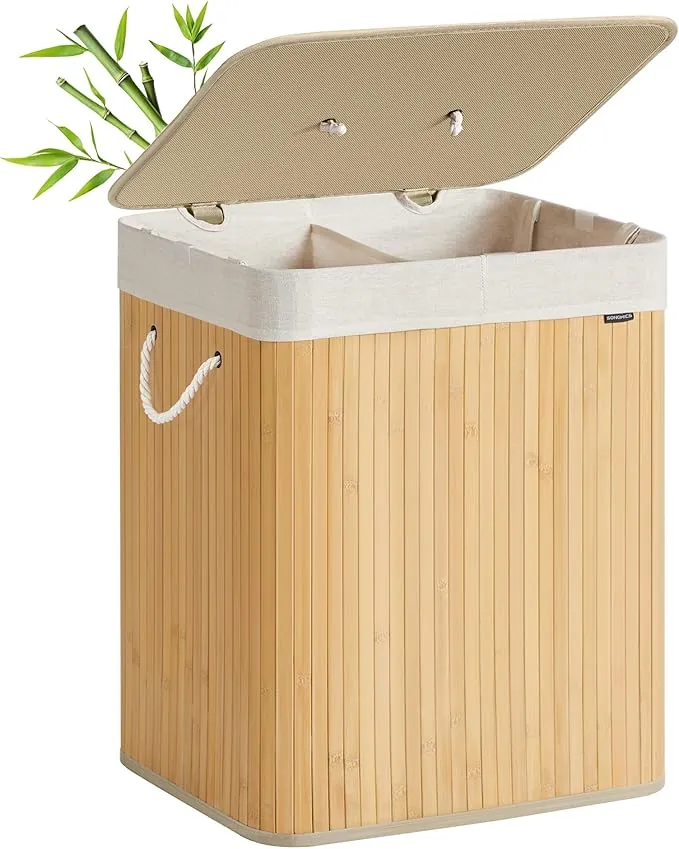 SONGMICS Cesto de la Ropa Sucia con Tapa, 2 compartimentos, 120 L, Cesta de Lavandería de Bambú, Plegable, con Bolsa Lavable Extraíble, Asas, para Lavandería, Dormitorio, Natural LCB014Y01