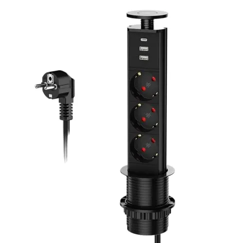 Enchufe empotrable retráctil 3 Tomas con 2×USB-A + 1×USB-C, para Cocina y encimera, regleta retráctil para Mesa, 4000 W/16 A, Cable 1,8 m, Ø60 mm, Negro