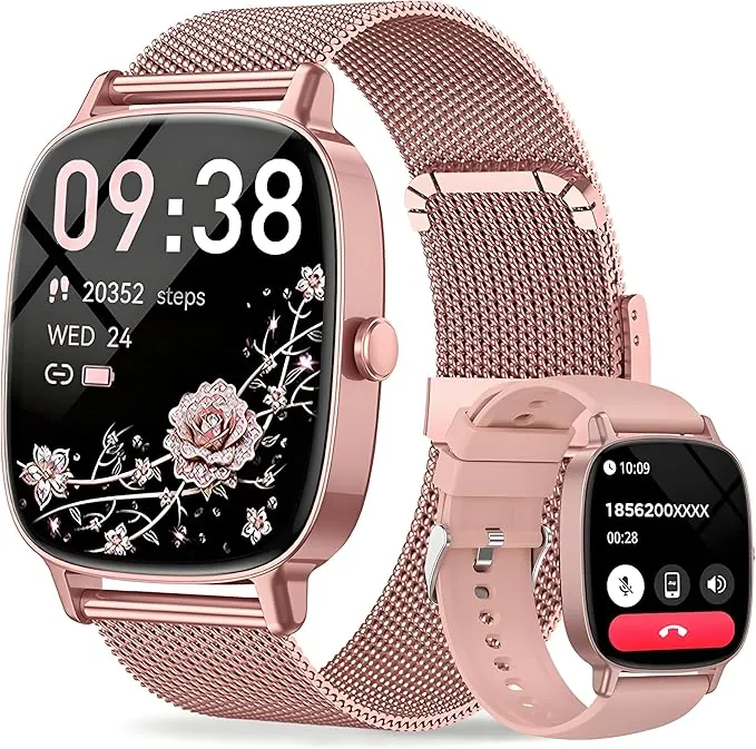 Reloj Inteligente Mujer,Respuesta/Realización Llamadas,Pantalla Ultra Nítida 1.85''HD,Monitor Fitness Tracker Frecuencia Cardíaca,Sueño/SpO2,Compatible IOS/Android,120+Modos Deportivos,IP68 y 2Correas