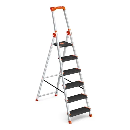 SONGMICS Escalera Plegable de Aluminio, 6 Peldaños, Carga 150 kg