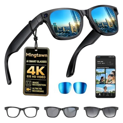 Gafas Inteligentes con Camara Antivibración de 8MP, Gafas con IA de 4GB | Lentes Fotocromáticas + Lentes Azules,Smart Glasses con Fotografía/Grabación/Llamadas Bluetooth/Música/Traducción