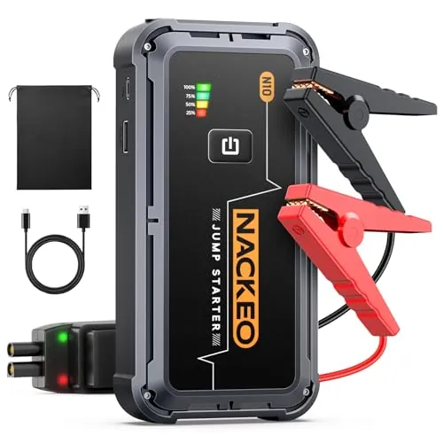 NACKEO Arrancador de Coches, 5000A Arrancador de Baterias de Coche 12V (para 9.0L de Gasolina o 8.5L de Diésel), Jump Starter Portátil con Pinzas, Carga Rápida, Luz LED, Espera Larga, Compacto (5000A)