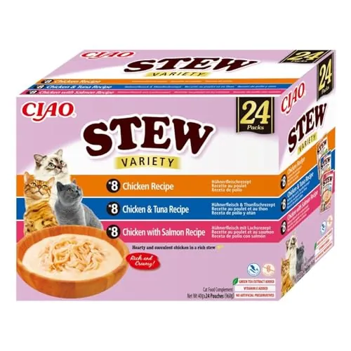 INABA Ciao Stew Gatos, Multipack Pollo, Atún y Salmón, 960g 24 Sobres x 40g