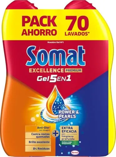 Somat Excellence Duo Gel Frescor Anti-Olor, Detergente Lavavajillas, 2x35D | Fórmula 5 en 1, Combate Mal Olor, Doble Cámara con Power & Pearls, Limpieza Profunda, Apto para Ciclos Eco, 140 lavados
