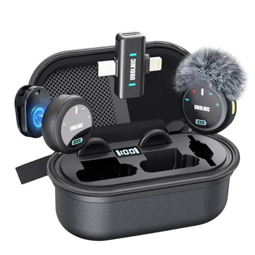 UROLMIC Micrófono Inalámbrico 2 en 1 para iPhone y Android, 40h Batería, 55m Alcance, Cancelación de Ruido, Micrófono de Solapa con Imán para Grabación