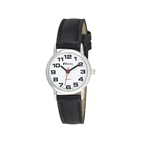 Ravel - Reloj Mujer de Correa de fácil Lectura con números Grandes - Negro/Tono Plateado/Esfera Blanca