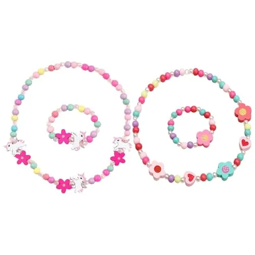 Juego de 4 joyas de madera para niños, collar de dibujos animados para niñas, pulsera de perlas de flores, collar y pulsera de unicornio, regalo para niñas, fiesta de cumpleaños, accesorios de disfraz