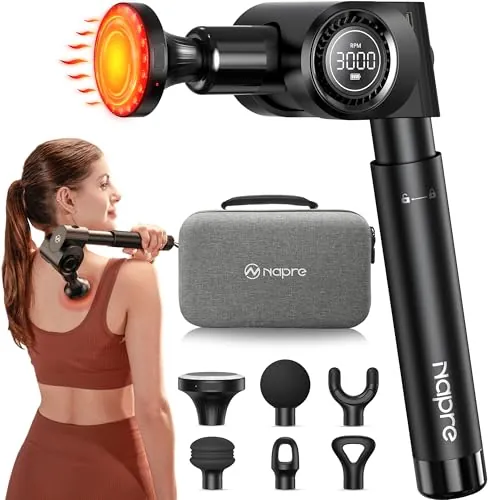 Pistola de Masaje Muscular con Calor y Luz Roja Terapia,Napre Pistola Masaje Massage Gun,32 Velocidades Masajeador Cervical y Espalda con Mango Extensible Retráctil Largo,Plegable,5 Ángulos Ajustables