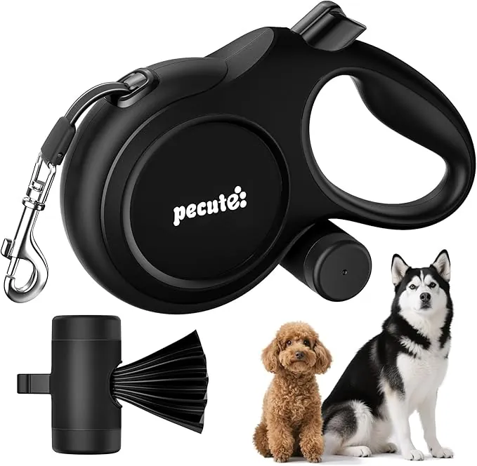 Pecute Correa Perro Extensible 8 Metros, Correa Larga Perro para 15-50 kg, 360° Antienredos,con Bolsas Higiénicas y Portabolsa|Paseo de Perros, Entrenamiento, días de Iluvia, Negro